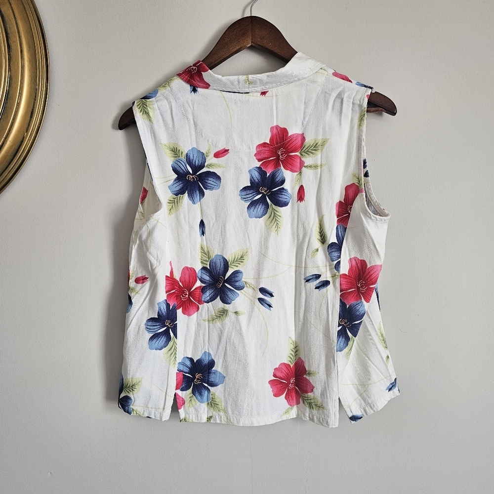 Sleeveless Floral Button-Down Shirt - White with Blue & Pink Flowers - Picture 2 of 5
